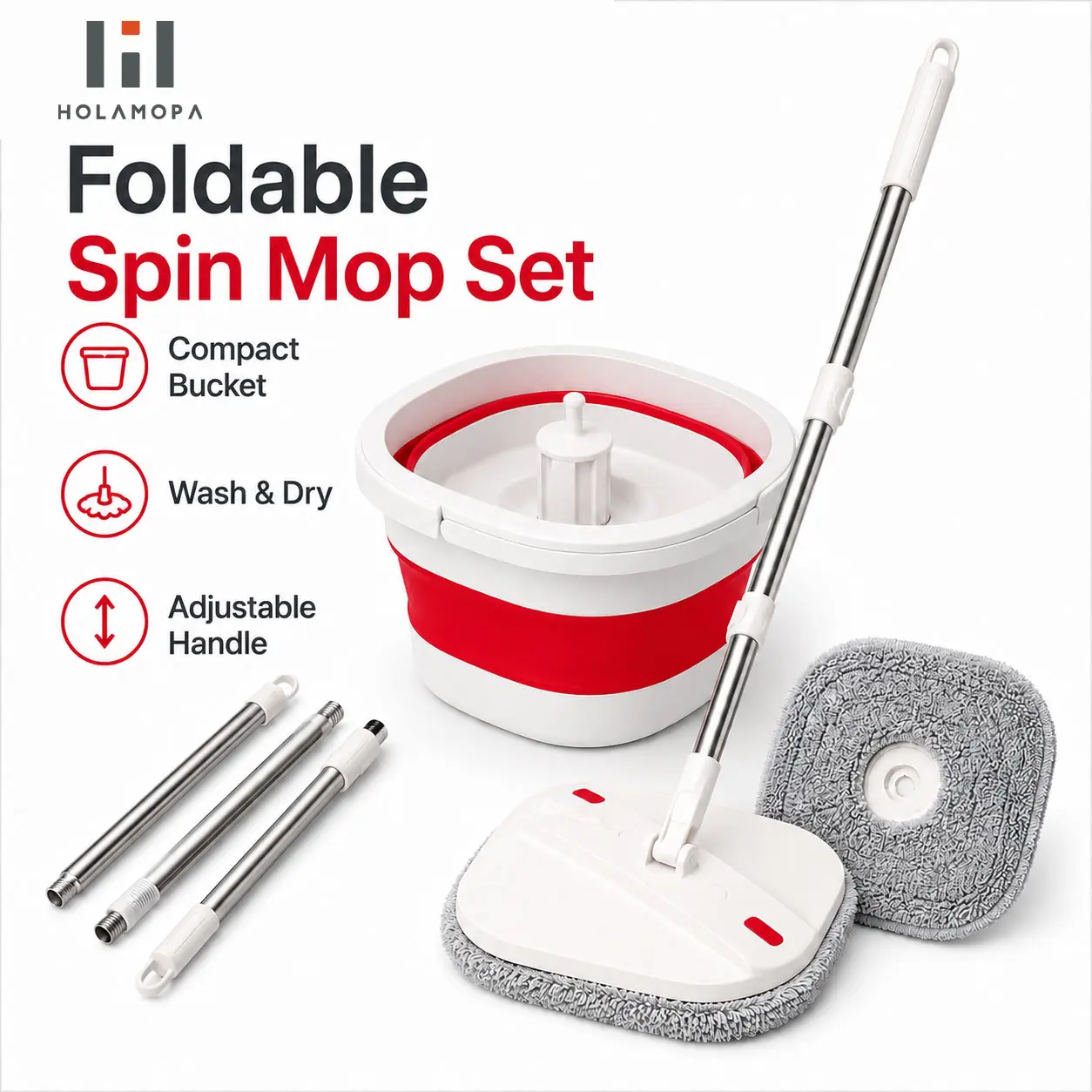 HOLAMOPA Collapsible Spin Mop and Bucket Set - Foldable Space-Saving Bucket with Wash-Dry Spinner, 3-Section Adjustable Handle, Replaceable Microfiber Mop Pad