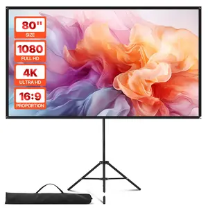 Tripod Projector Screen With Stand, 80-Inch Matte White Projection Display, 160-Degree Wide Angle, 4K Ultra HD Ready, 16:9 Aspect Ratio, Easy Setup And Portable For Indoor And Outdoor Home Theater