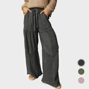 Women’s Black Retro Mineral Wash Tiered Wide Leg Casual Drawstring Pants With Pockets