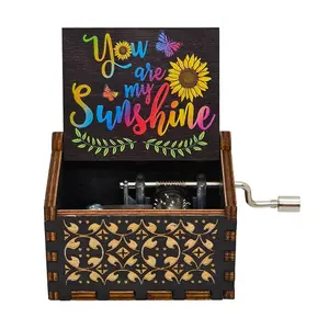 Wooden hand cranked music box, you are my sunshine music painting boutique gift, music box marionette Decoration Items Flower Design Living Room