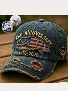 Patriotic Memorial Set, Embroidered Design Ripped Denim Classic Baseball Cap & Commemorative Coin, Adjustable Fit, 250th Anniversary Gift, American Theme, Vintage