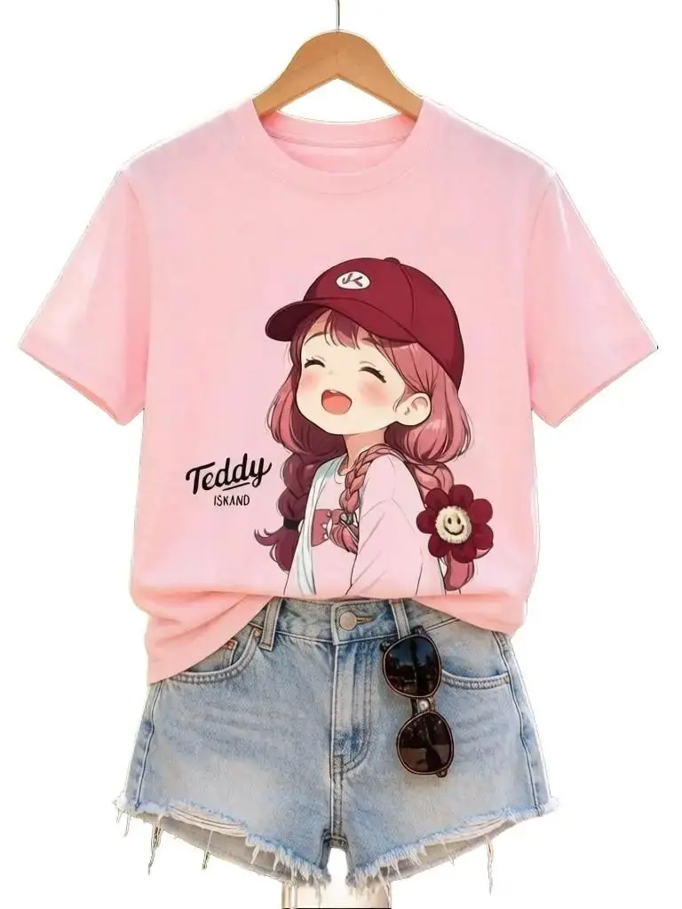 Women's Cute Kawaii Anime "Teddy" Girl Graphic Cotton T-Shirt, Y2K Aesthetic Chibi Print, Trendy Oversized Elastic Fabric Streetwear, Retro Sweet Comfortable Short-Sleeve Casual Top, Summer Gift for Her tiktokshopspringglowup summerwins