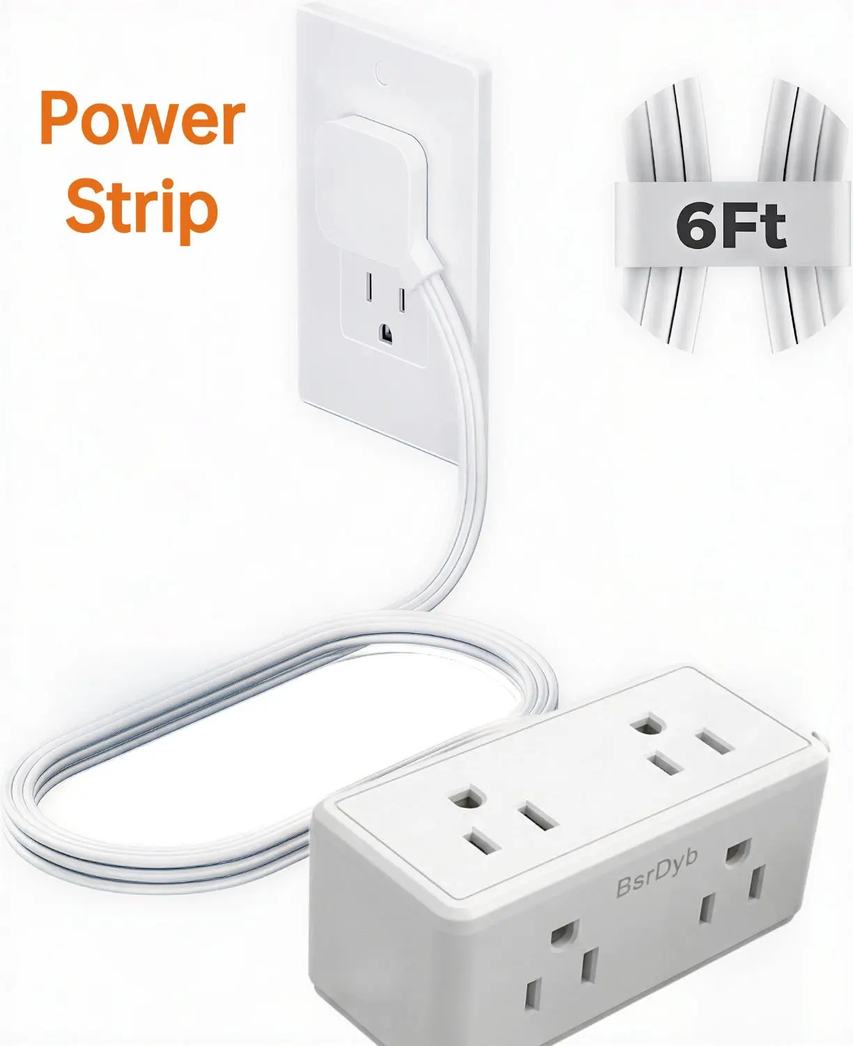 6ft White Flat 45° Right-Angle Slim Plug Extension Cord - 6-Outlet Wall-Mountable ETL Certified Power Socket Expander for Cruise Travel, Home Office (Multi Plug & Wall Outlet Extender)