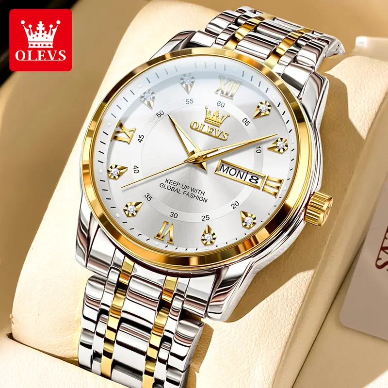 OLEVS Authentic Men's 40mm Durable Quartz Analog Watch - Stainless Steel Jewelry, Glow Accents, Analog Face Shows Time With Ease, Date Display, Waterproof Modern Luxury Birthday Gift (Model 5513)