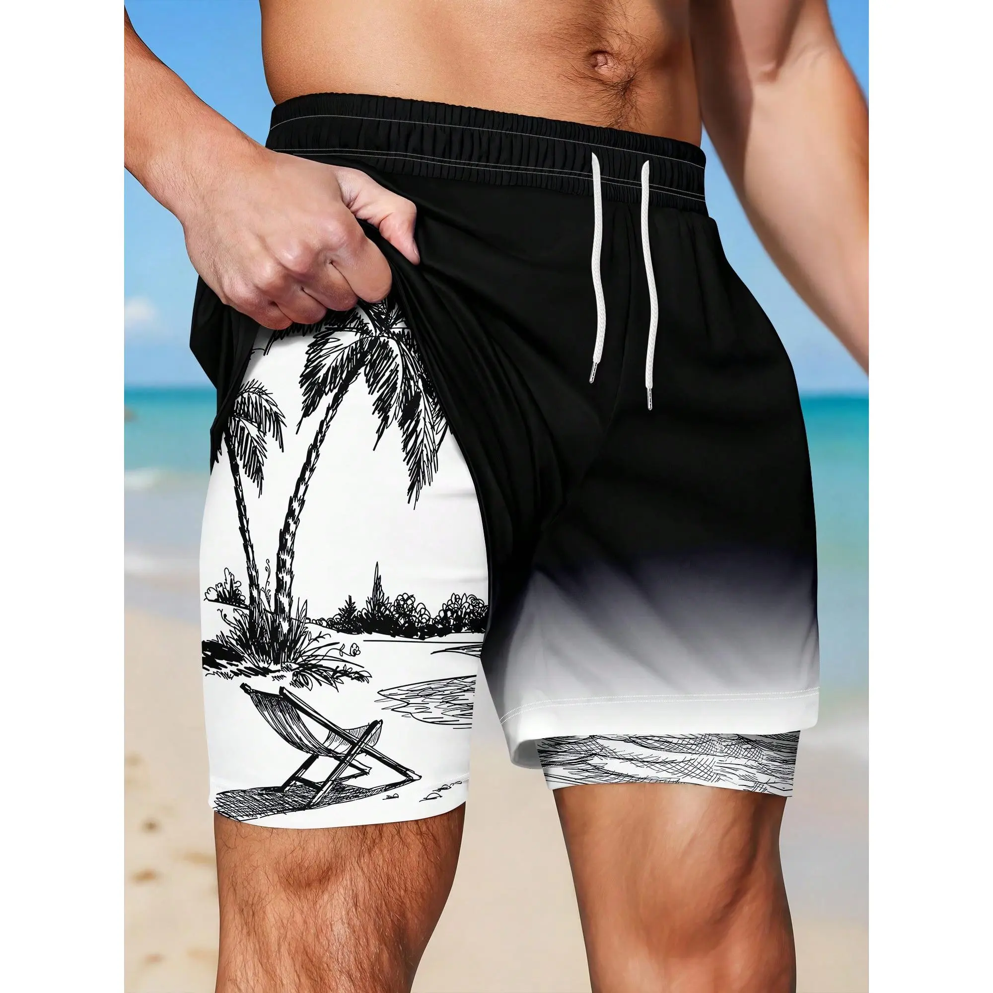 Men's Swim Trunks, Quick-Dry Hawaiian Tropical Print with Built-in Mesh Liner for Beach Vacation & Surfing, Beach Swim Trunks, Printed Swim Trunks