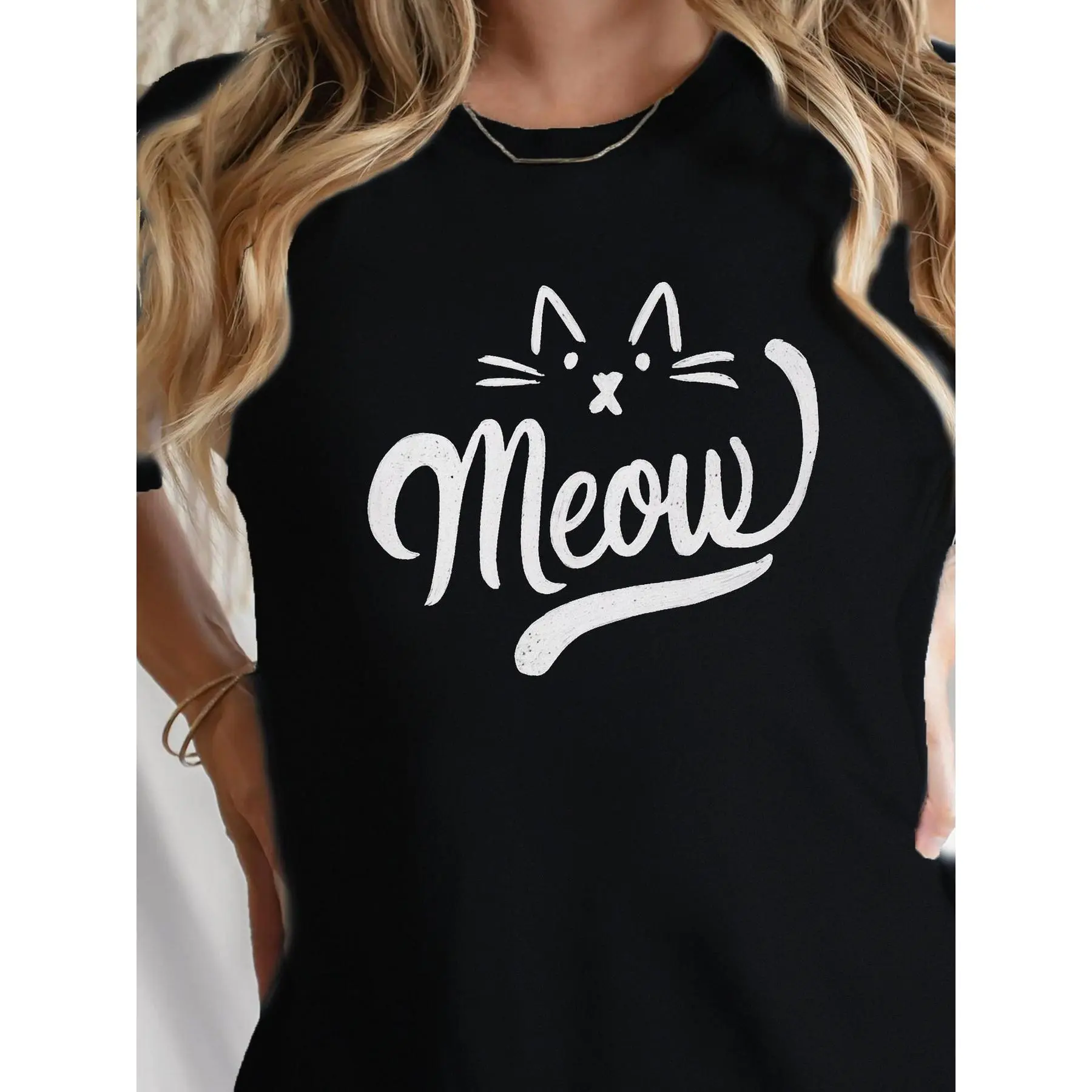 Trendy Women's Black 180g Cotton Round Neck Short Sleeve Graphic Tee Featuring Cute Meow Print Perfect for Cat Lovers Casual Stylish Printed T-Shirt for Everyday Wear Ideal Cat Graphic Tee for Fashionable Cat Enthusiasts Seeking Comfortable Stylish Clothi