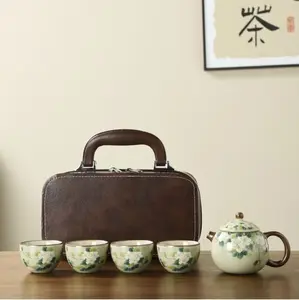 Portable Ceramic Travel Tea Set - Hand-Painted Floral Pattern | 1 Teapot + 4 Teacups with Leather Case for Kung Fu Tea