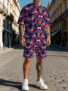 Men's 3D flamingo print casual and stylish two-piece set, featuring a summer sporty crew neck short-sleeved top and drawstring shorts, suitable for outdoor and street wear.