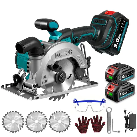 YOFIDRA Cordless Brushless Handheld Circular Saw - 150mm Battery Powered Saw, 48mm Cutting Depth, 45° Bevel, 3 Blades, Dual Batteries, Allen Key, Fast Charger for Wood, Drywall, DIY Projects (With Work Gloves)