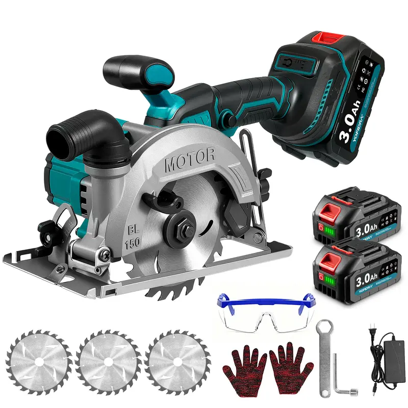YOFIDRA Cordless Brushless Handheld Circular Saw - 150mm Battery Powered Saw, 48mm Cutting Depth, 45° Bevel, 3 Blades, Dual Batteries, Allen Key, Fast Charger for Wood, Drywall, DIY Projects (With Work Gloves)