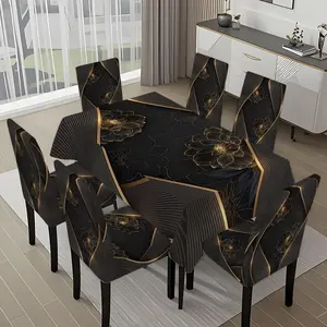 5/7-piece 2D Flat Printing Black - gold Floral Curve Splicing Printing Pattern Tablecloth and Chair Cover Set, for dining table and chair decoration, perfect for home, holiday gatherings, restaurants, and parties.