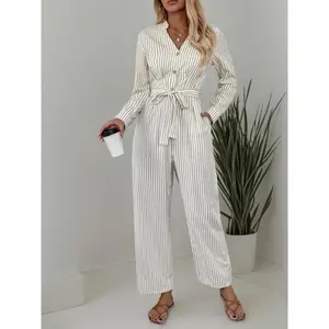 Women's Striped Print Button Front Belted Jumpsuit, Casual Long Sleeve Notched Neck Jumpsuit for Fall & Winter, Women's Clothes for Daily Wear
