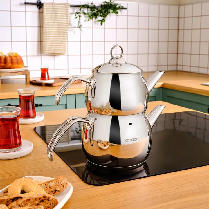 Karaca Stainless Steel Induction Teapot Set, 1L Teapot & 1.6L Kettle, Silver
