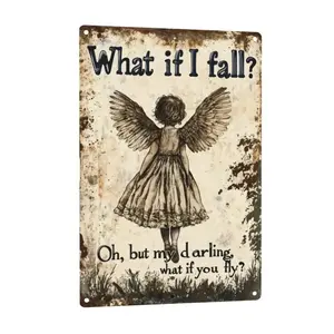 Vintage Metal Wall Art Sign Angel Design & Inspirational Quote, Rustic Distressed Finish, Pre-Drilled Holes for Easy Hanging, 8x12Inch, Durable Indoor/Outdoor Decor for Home, Office, Garden, Street, Angelic Artwork