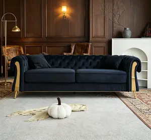 89 Inch Black Velvet Chesterfield Sofa, Classic Tufted Modern Couch with 2 Seat Cushions & 2 Throw Pillows, Luxury Upholstered Statement Furniture for Living Room Home Interior Decor