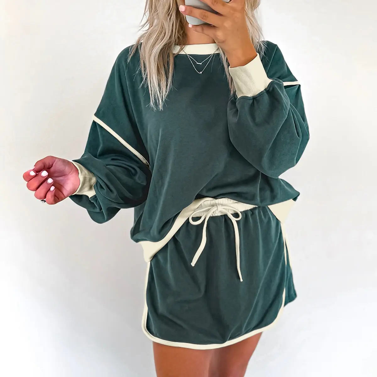 Women's Elegant 2-Piece Skort Set, Chic Evergreen Color Block Knitted Crew Neck Pullover and Fitted Cotton Blend Lace-up Skort (S/M) Outfit Shorts