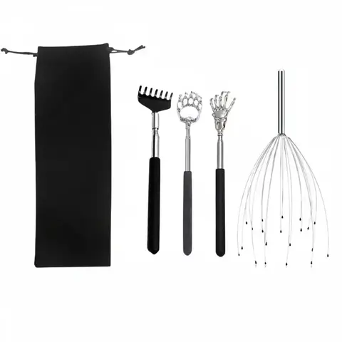 Manual Massage Tool Set with Storage Bag, Stainless Steel, Lightweight, Handy, 4 Counts/set Back Scratcher, Head Scratcher, Handheld Scratcher, Body Massage Tool, Massagers, Body Care, Relaxation Aid for Home & Travel, Home Spa Equipment, Body Tools