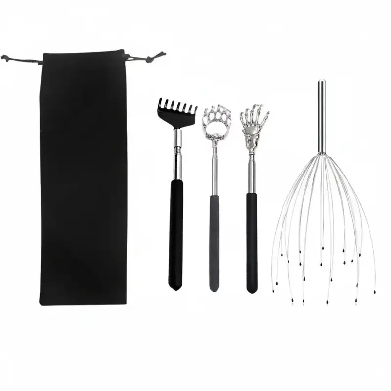 Manual Massage Tool Set with Storage Bag, Stainless Steel, Lightweight, Handy, 4 Counts/set Back Scratcher, Head Scratcher, Handheld Scratcher, Body Massage Tool, Massagers, Body Care, Relaxation Aid for Home & Travel, Home Spa Equipment, Body Tools