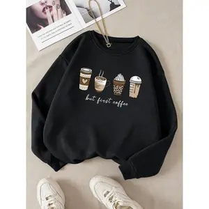 Women’s coffee-themed letter print crewneck sweatshirt, casual long-sleeve off-shoulder pullover for everyday wear in autumn and winter