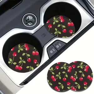 Stylish Cherry Pattern Spill-Proof Car Coaster, Round Anti-slip Car Cup Holder Coaster, Durable Easy-clean Coaster for Car Cup Holding, Car Interior Accessory, Car Accessories for Women