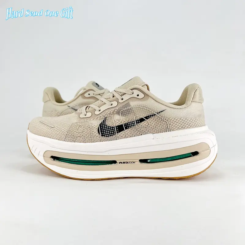 Daily lightweight trainer sneakers use seamless sheer soft breathable woven mesh upper, uniform warm beige knit base with mint transparent air cushion, perforated mesh ventilation, flexible full air midsole