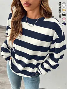 Women's Loose-Fit Striped Round Neck T-Shirt, Casual Comfort Top for Fall & Winter