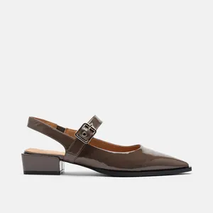 Chelsea Taupe Patent Leather Slingback Block Heels