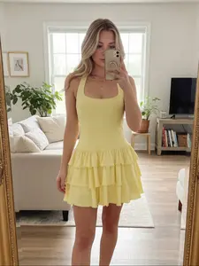 Women's Fashionable Halter Mini Pleated Dress, Layered Ruffle Hem A-line Dress, Summer Party Dress