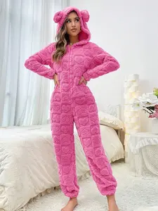 Hooded Zipper Lamb Fleece Pajama Onesie, Long Sleeve Casual Bear Ears Design, Fall Winter Homeewear, Comfortable Indoor Restwear