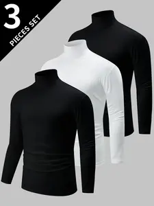 Men's Long Sleeve High Neck Plain 3-Piece Set, Thin Warm Base Layer Tops, Comfortable Classic Fitted Fit, Suitable for All Seasons