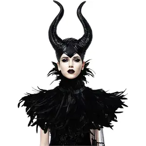 Evil Queen Feather Horns Costume for Women Black Cape Halloween Headpiece Shawl Accessories