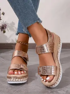 Summer Dressy Women's Platform Gold Sandals – Boho Style Wedge Thick Sole, Studded Bohemian Open-Toe Roman Style Comfortable, Casual, Elegant – Plus Size Available for Beach & Leisure