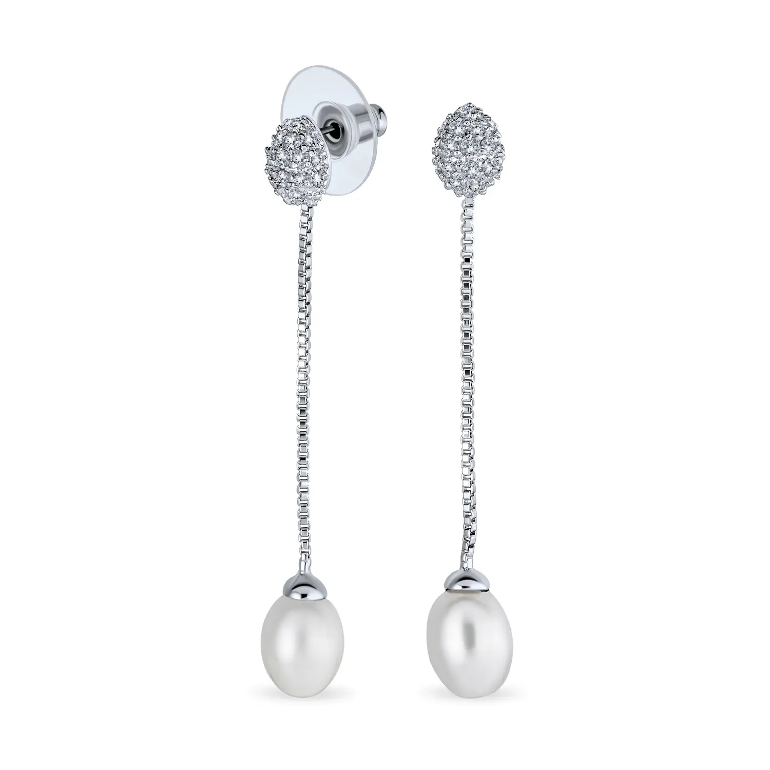 Bridal CZ White Freshwater Cultured Pearl Long Chain Dangling Earrings Rhodium Plated