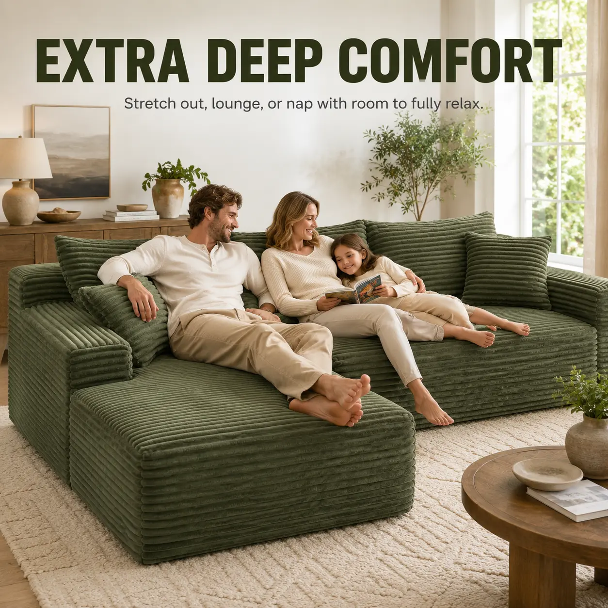 Modular Corduroy L-Shaped Compressed Boneless Cloud Sofa with Chaise - Deep Seat, Fixed Arms, No-Assembly Ready-to-Use Sofa in a Box, Modern Couch for Living Room, Couches for Apartment