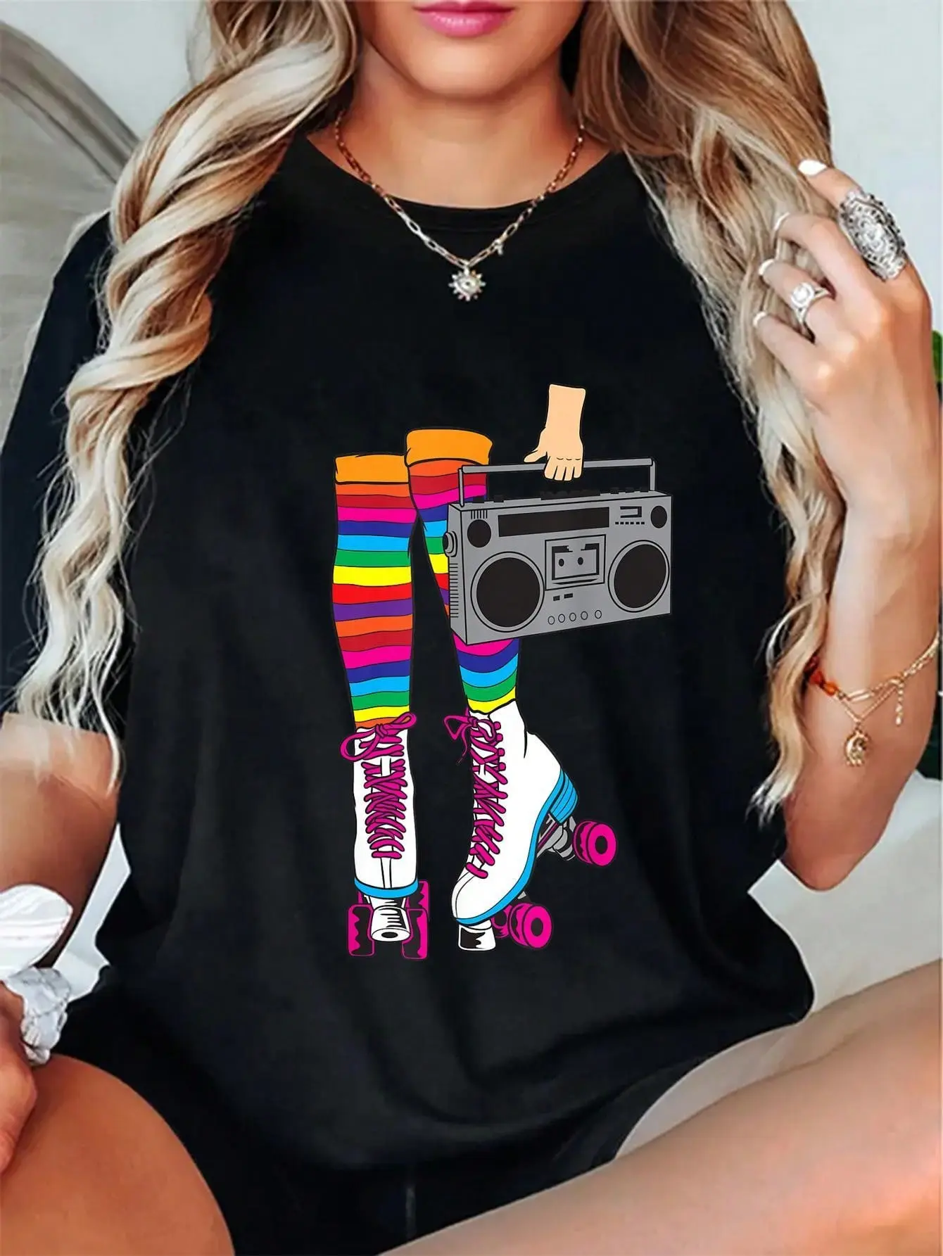 Retro 80's Roller Disco Skating Girl Graphic Tee - Soft Cotton, Casual Fit, Machine Washable - Perfect Gift For Women
