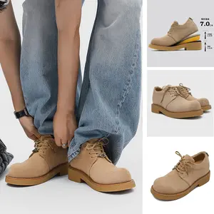 Retro low-top work shoes for men, casual leather shoes with hidden internal lift, new outdoor hiking thick-soled shoes, all-season retro functional casual shoes