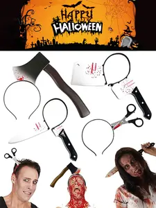 4-piece set, Halloween knife head with hairband set, plastic knife, axe, kitchen knife and scissors, horror accessories suitable for zombie makeup Halloween party accessories