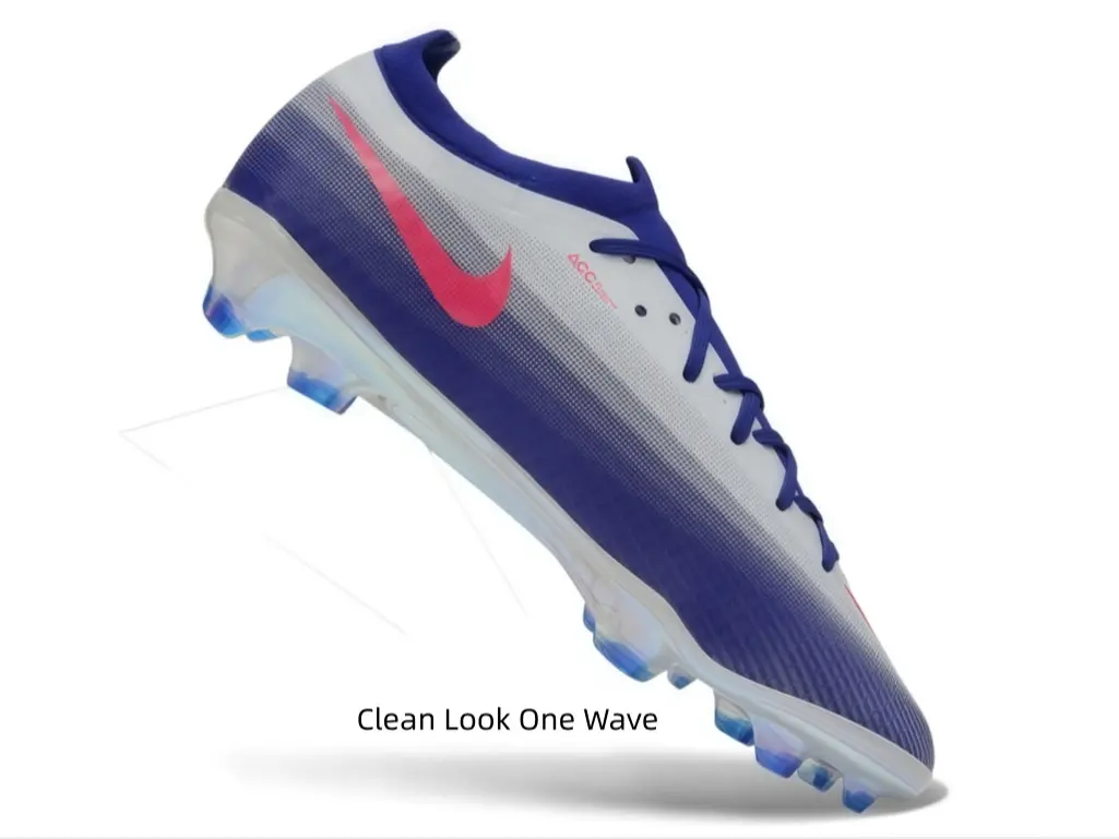 Breathable woven mesh gradient upper, slim sock-style collar, vivid magenta side graphic & semi-transparent blue molded studs