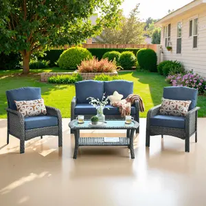 OVIOS 4-Piece Outdoor Patio Furniture Set, High Back Grey Wicker Sofa with Cushions & Table, Conversation Set for Backyard Patio Porch Deck Garden Balcony Outdoor Seating Furniture