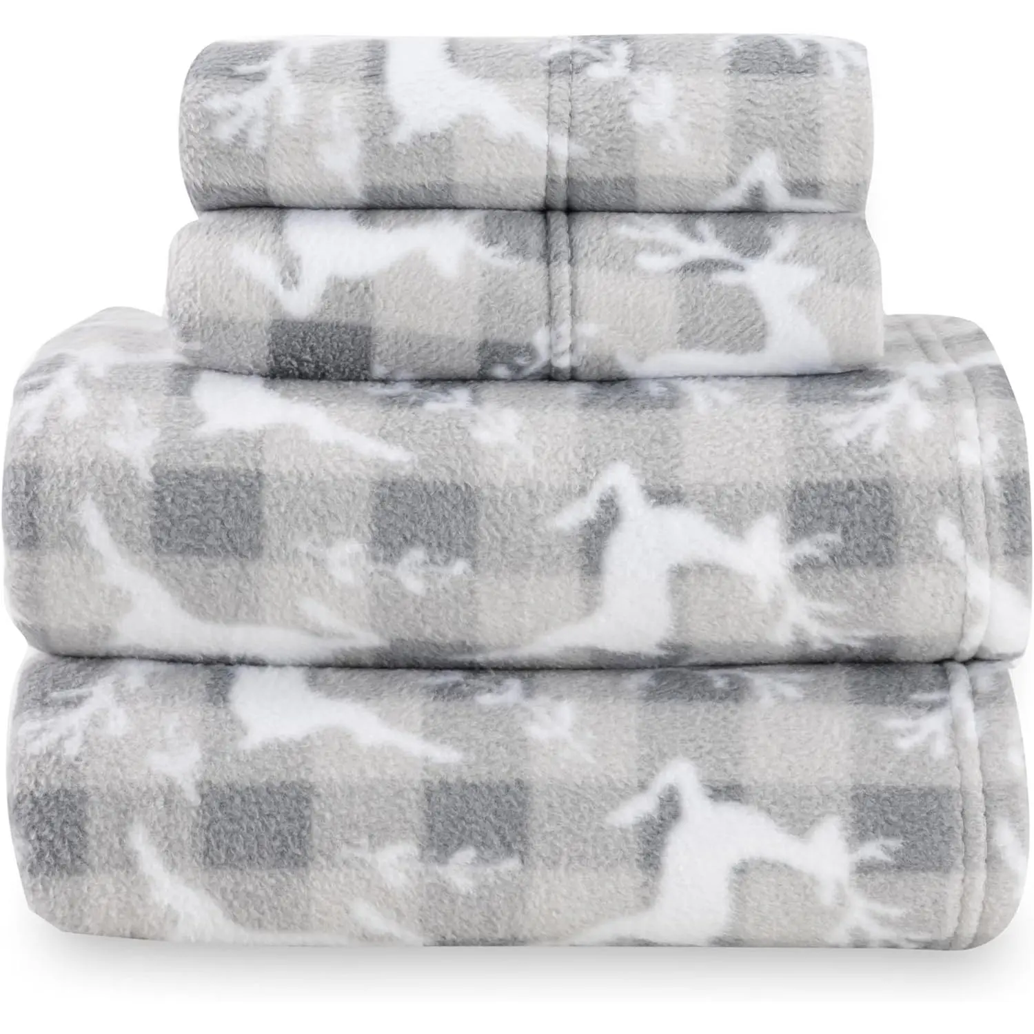Queen Size 4-Piece Microfleece Knit Bedding Sheet Set - Ultra-Printed, Lightweight, Durable, Modern, All Seasons, Folk Buffalo Check, Animal Motif, Reindeer Print, Cardinal, Icy Snowflake, Grey, Machine Washable