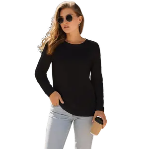 Women's Solid Black Basic Crew Neck Long-Sleeve T-Shirt All-Season Casual Everyday Essential Top Stylish and Elegant Design Comfortable Fit