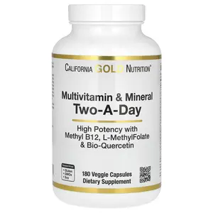 California Gold Nutrition Multivitamin and Mineral with Methyl B12, Vitamin C, L-MethylFolate and Bio-Quercetin, Two-A-Day, 180 Veggie Capsules