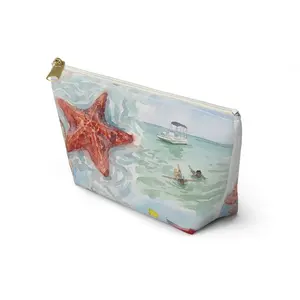 Polyester Wrinkle-Resistant Starfish Beach Illustration Accessory Pouch, Coastal Seashell Make-Up Bag
