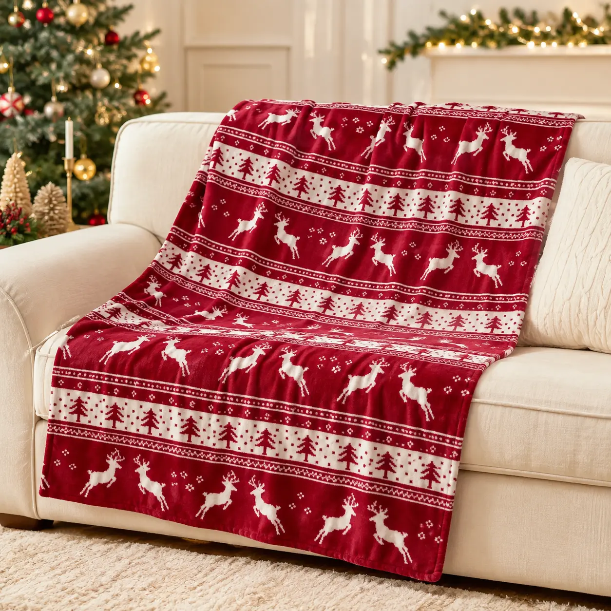 Christmas Reindeer Print Flannel Throw Blanket, Super Soft Lightweight Red Nordic Holiday Fleece Blanket for Adults & Kids, Cozy Winter Deer Snowflake Blanket for Bed Couch Chair Gift