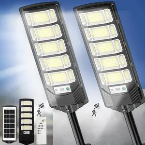 2 Pack Three sided luminescence Solar Street Lights Outdoor Dusk to Dawn, 12000LM 6500K Solar Lights Outdoor Waterproof IP65, 240pcs High-PowerSMD5730 LED Lamp Beads,Remote Control, Energy-Efficient, Perfect for Garage, Patio, Parking Lot, Yard.