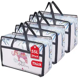Transparent clothing bag with reinforced handles, vinyl bag suitable for,, bedding, toys, transparent moving tote bag with sturdy zippers, 3-piece set, 55 liters, black