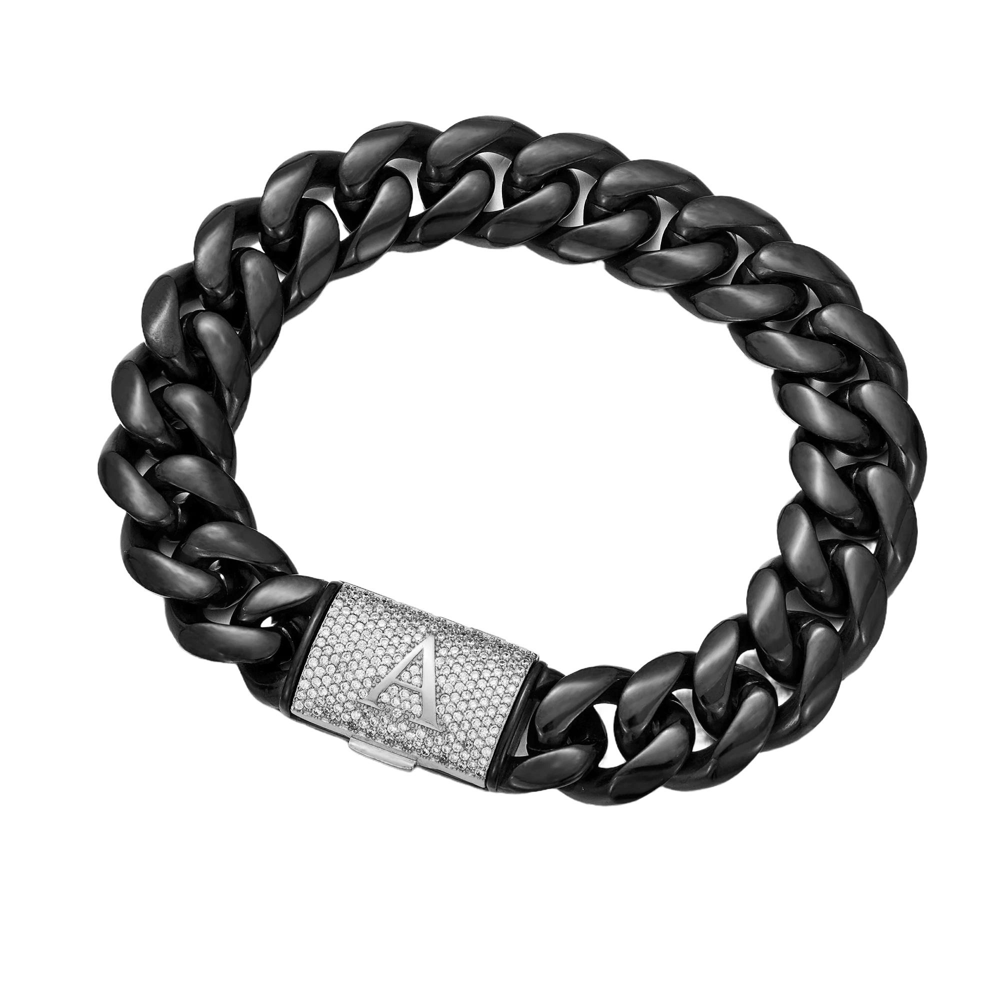 Black Stainless Steel Cuban Link Bracelet for Men, 14mm Heavy Chain with Silver A–Z Initial Clasp, Gothic Punk Hip Hop Style Personalized Statement Gift for Him