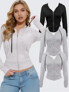 3-Piece Set for Petite Sizes, Short Hooded Zip-Up Sweatshirts, Fitted Slim Fit, Versatile Sporty Casual Outerwear for All Seasons, Fitness Top Set