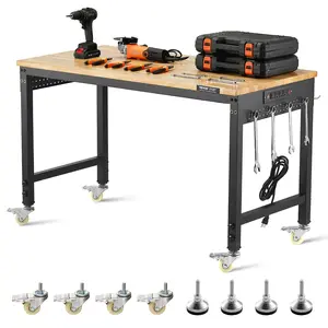 VEVOR 48-Inch Adjustable Workbench, 2000 lbs Load, Work Bench with Power Outlet, Wheels, and Pegboard, Heavy Duty Oak Wood Top Work Table for Garage, Workshop, Office, and Home