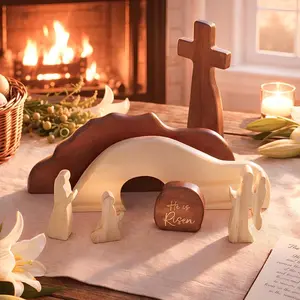 He is Risen Easter Decor Wooden Resurrection Scene with Empty Tomb Cross Figurines Christian Religious Tabletop Decoration for Home Faith Easter Gift Easter Basket Stuffer